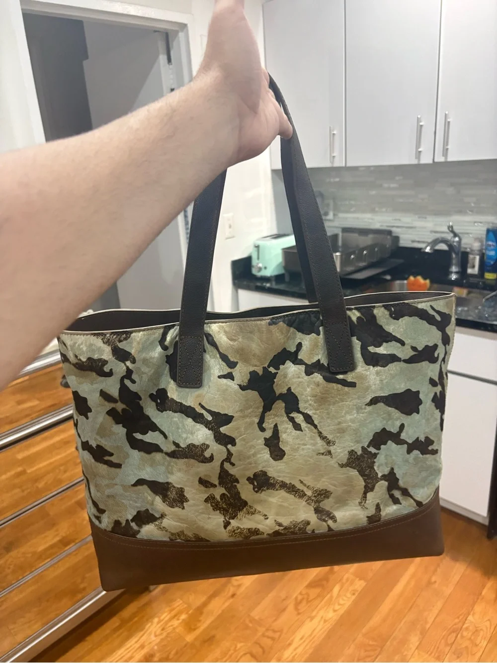 UGG Leather-Trim Pony Hair Camouflage Tote Bag in Brown